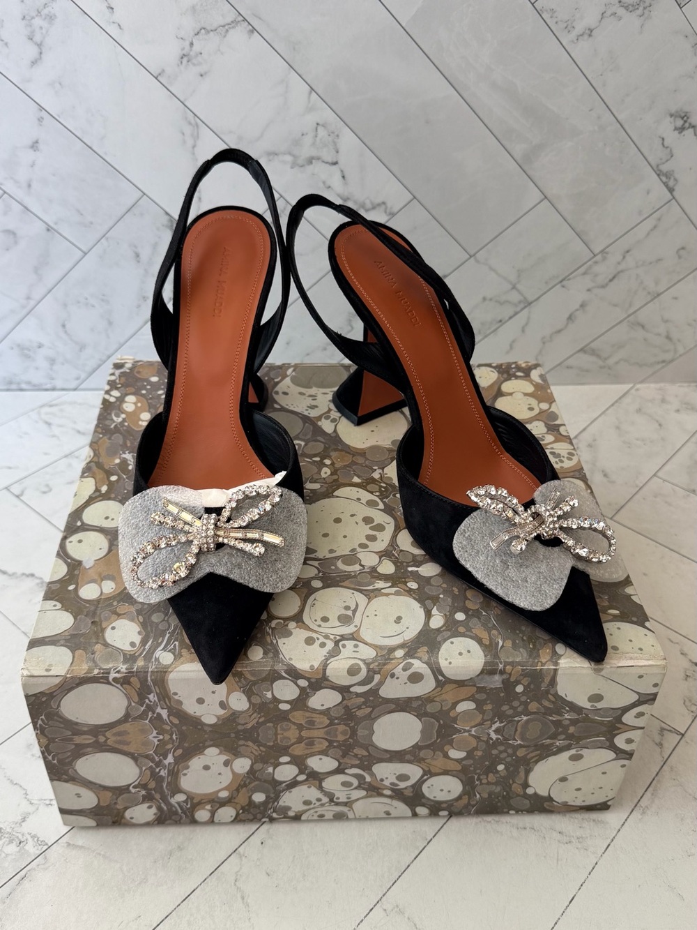 Amina Muaddi Black Slingback Pointed Heels with Silver Crystal Bow